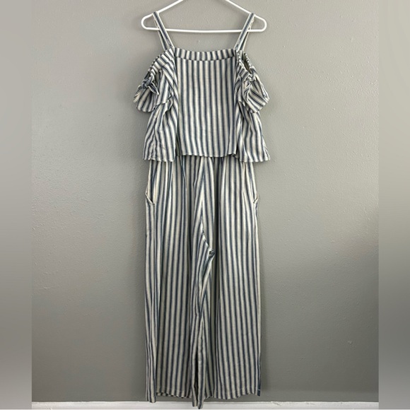 Madewell Coastal White Blue Striped Cold-Shoulder Wide Leg Jumpsuit Size S Linen - Picture 7 of 11